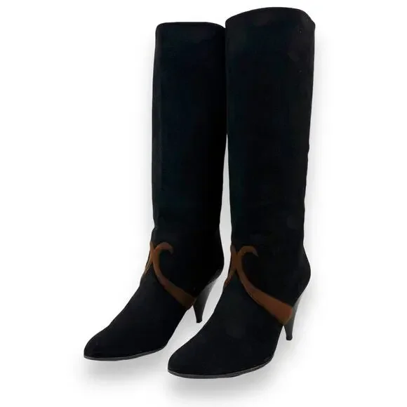 1960's Italian PANCALDI for ERIC COUTURE black and brown suede knee high boots - Picture 12 of 16